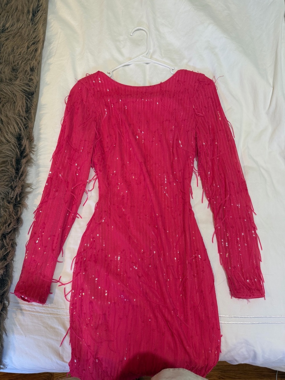 Dress the Population Women's Hot Pink Sequin Fringe Long-Sleeve Mini Dress